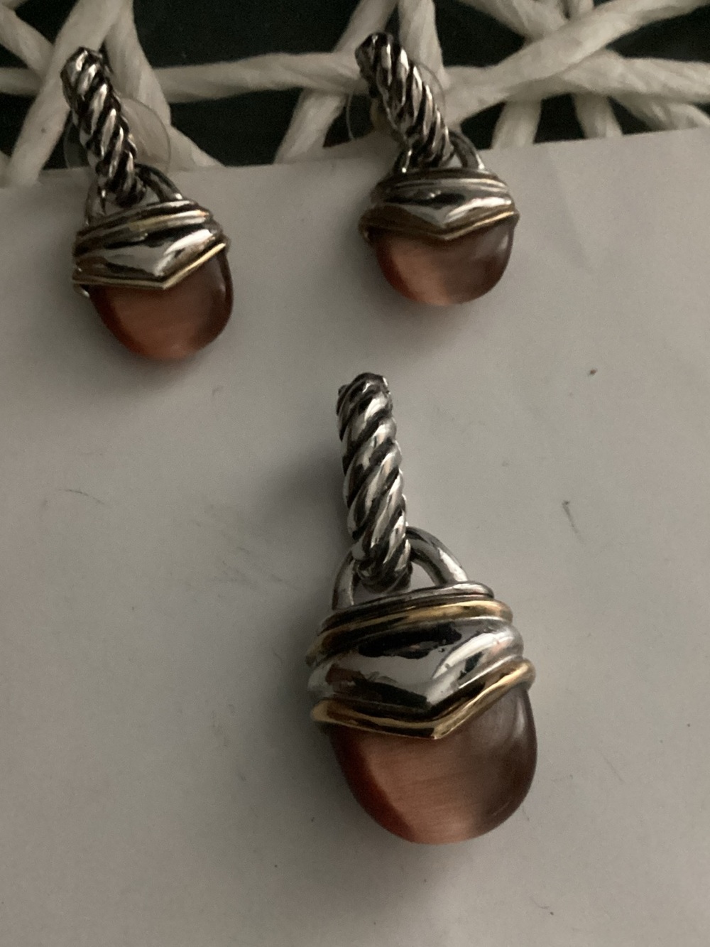 Silver-Tone Twisted Hoop Pendant & Earring Set with Amber Glass Accents